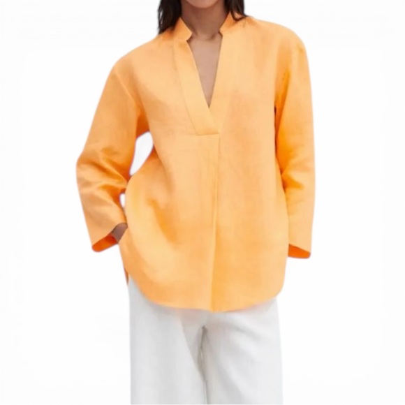 Mango Tops - MANGO Linen Popover Shirt V-neck 100% linen in Mandarin Orange size Small